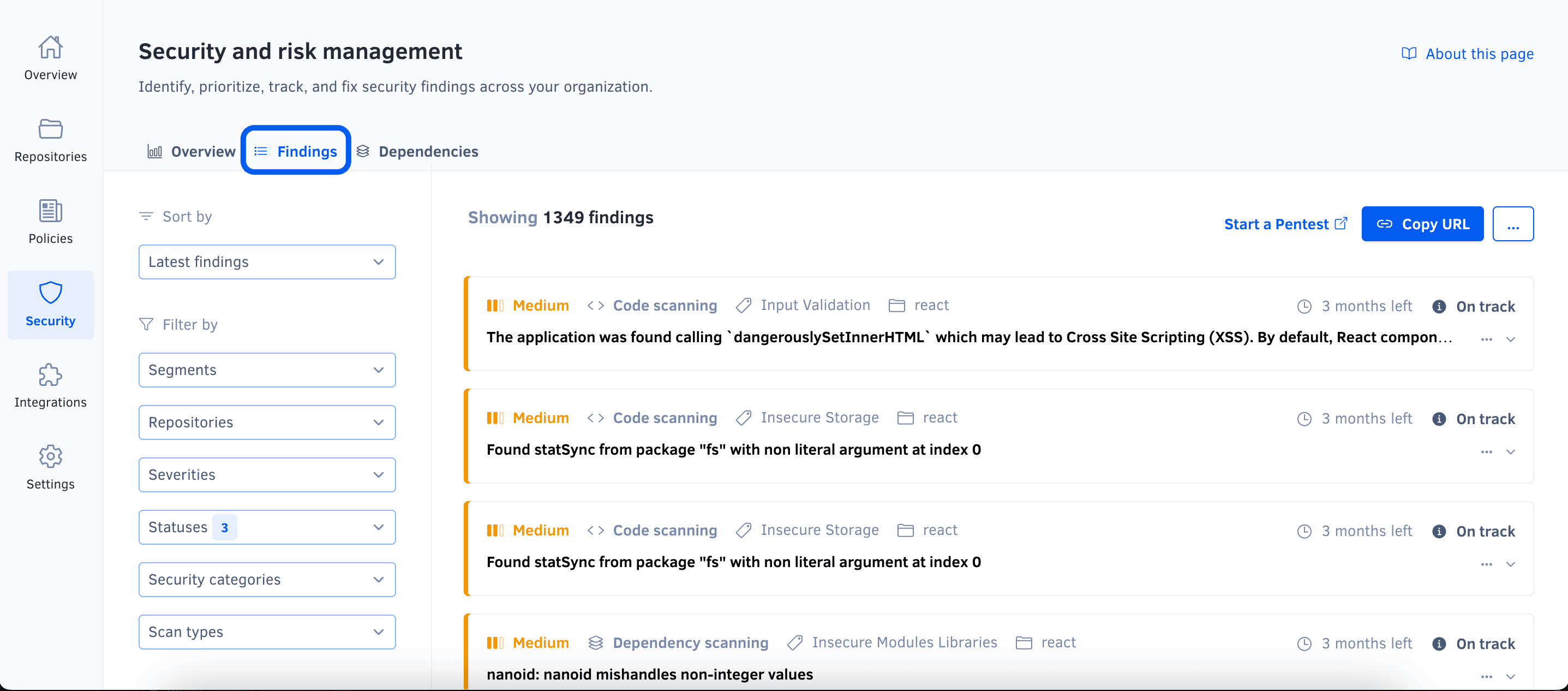 Security and risk management findings page